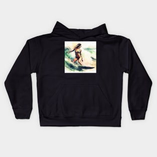 Woman surfing in a bikini Kids Hoodie